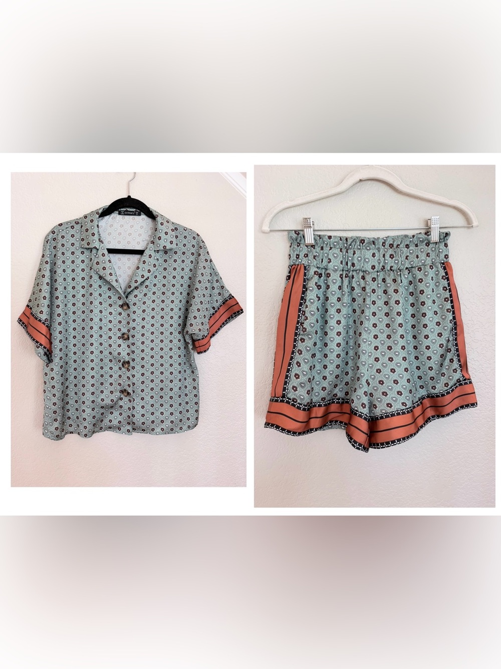 Sollinarry Matching Set Short Sleeve Button Up Shirt & Shorts Boho size small